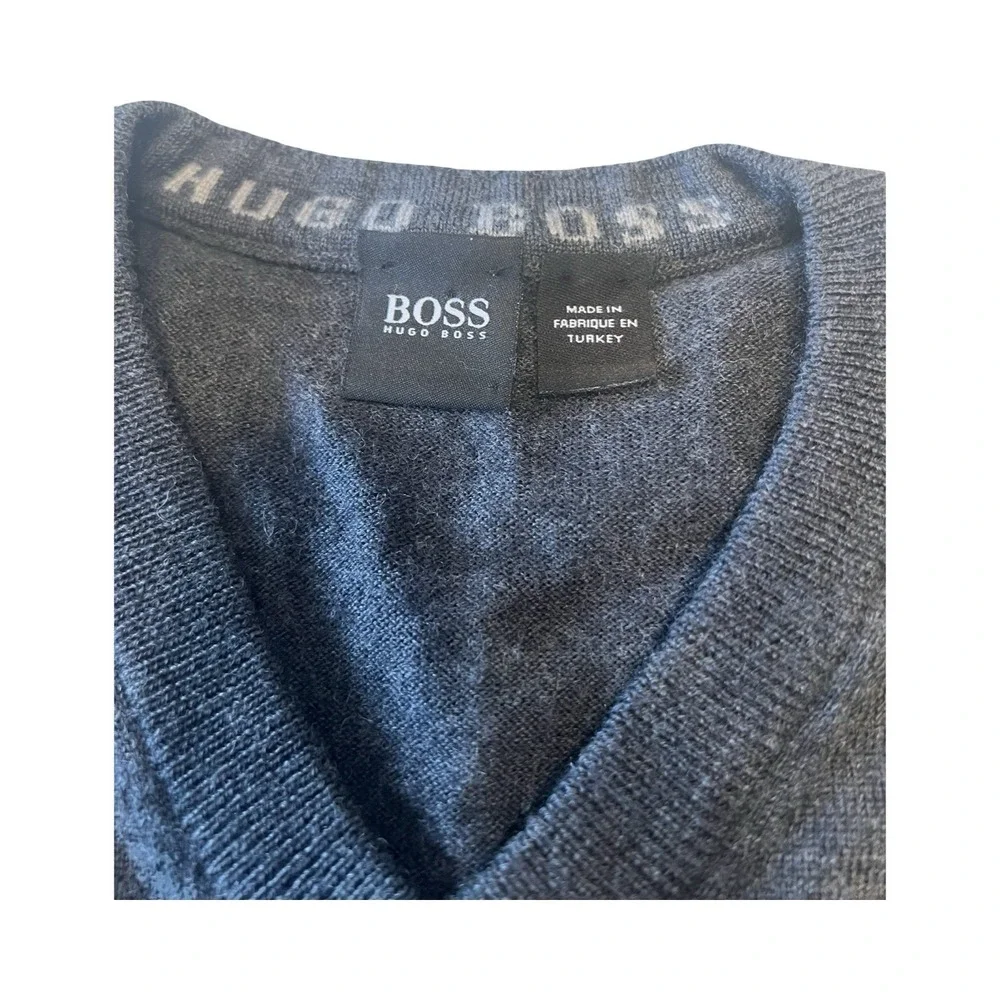 Hugo Boss Mens V-Neck Sweater‎ Charcoal Grey Heather Knit Pullover Size S
